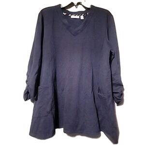 Susan Graver L Long Tunic Sweatshirt Navy Blue Pockets Long Sleeves Lagenlook
